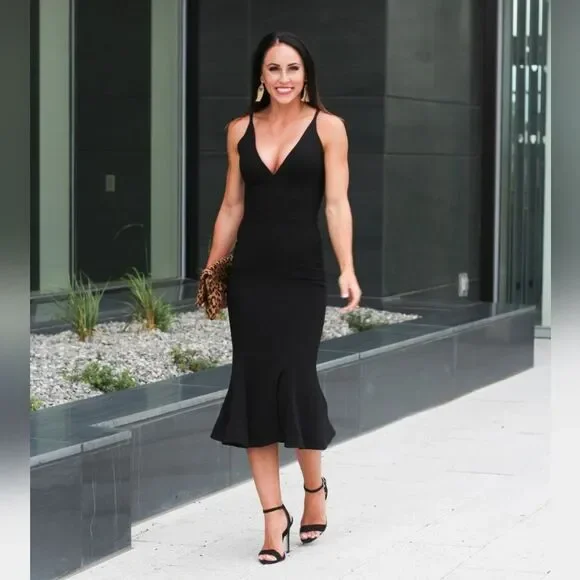 NEW DRESS the POPULATION Black Isabelle Crepe Stretch Mermaid Bodycon Midi